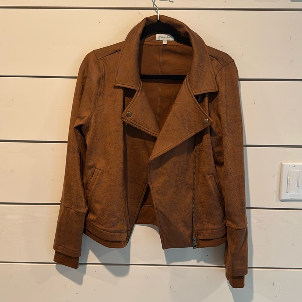 Grace & Lace Move Free Leather-Like Moto Jacket | Camel